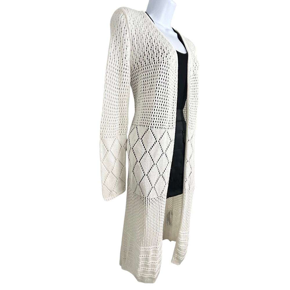 Naf Naf Paris Long Crochet Cardigan Cream Sweater Duster XS/S NWOT